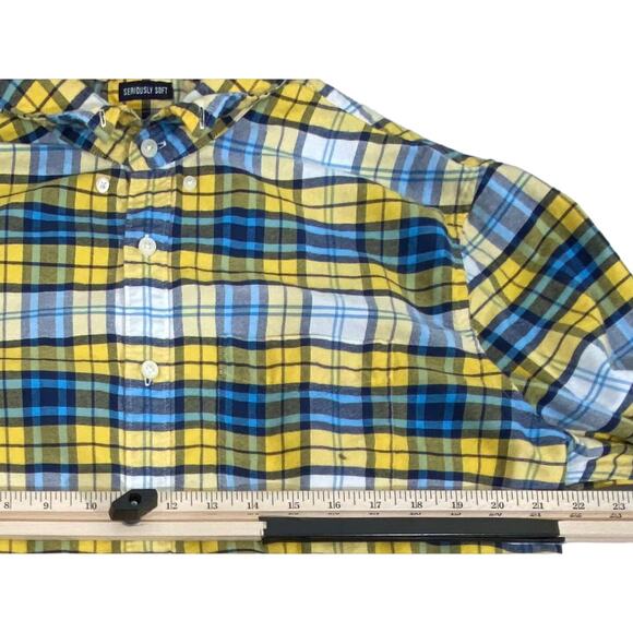 American Eagle Mens Seriously Soft Flannel Shirt Sz Large Yellow Blue Plaid READ - Picture 11 of 12